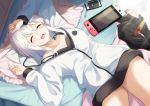  1girl bangs bed black_bra black_legwear blush bra cellphone closed_eyes collarbone commentary_request eyebrows_visible_through_hair hair_between_eyes hand_on_own_head hood hoodie igayan legwear_removed light_rays long_hair lying nintendo_switch on_back open_mouth original phone pillow sidelocks sweat thigh-highs underwear white_hair white_hoodie 