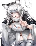  1girl :o =3 animal_ear_fluff animal_ears arknights blush braid cape capelet circlet cowboy_shot flugel_(kaleido_scope-710) grey_cape grey_hair hair_between_eyes highres index_finger_raised leaning_forward leopard_tail pramanix_(arknights) side_braids solo tail thigh-highs white_background 