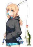  1girl ahoge alternate_costume aqua_eyes artoria_pendragon_(all) bag bangs black_hoodie blonde_hair blue_dress bubble_blowing chewing_gum cowboy_shot crossover doubutsu_no_mori dress eyebrows_visible_through_hair fate/stay_night fate_(series) fish fishing_rod from_side hand_in_pocket highres hood hood_down kamiowl long_hair long_sleeves looking_at_viewer looking_to_the_side low_ponytail plaid plaid_dress saber sea_bass_(doubutsu_no_mori) shoulder_bag sidelocks solo 