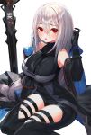  1girl arknights arm_support armpits bare_shoulders black_coat black_gloves black_pants breasts coat detached_sleeves gloves hair_between_eyes hand_up highres large_breasts long_hair long_sleeves looking_at_viewer munseonghwa pants parted_lips red_eyes silver_hair simple_background sitting skadi_(arknights) solo sword thigh_cutout thighs very_long_hair weapon white_background 