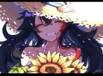  1girl absurdres bare_shoulders black_hair blush closed_eyes collarbone commentary_request flower grin hat head_tilt highlights highres holding holding_flower hololive huge_filesize inre_kemomimi letterboxed multicolored_hair ookami_mio redhead shadow signature smile solo straw_hat streaked_hair sun_hat sunflower sunlight teeth upper_body virtual_youtuber wavy_hair 