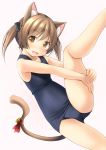  1girl animal_ears ass_visible_through_thighs black_ribbon blue_swimsuit brown_eyes brown_hair cat_ears cat_tail cowboy_shot hair_ribbon highres leg_up looking_at_viewer old_school_swimsuit original ribbon school_swimsuit shibacha short_hair simple_background sitting smile solo swimsuit tail twintails white_background 