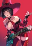  1girl absurdres artist_name bare_shoulders blue_eyes bob_cut boots breasts collarbone commentary_request electric_guitar eyebrows_visible_through_hair fingerless_gloves fingernails floating floating_object gloves gradient gradient_background green_eyes guilty_gear guilty_gear_xrd guitar halterneck hat heterochromia highres i-no instrument kagematsuri leaning_forward les_paul lips lipstick looking_at_viewer makeup medium_breasts mole mole_above_mouth nail_polish o-ring o-ring_top red_footwear red_headwear red_legwear revealing_clothes shiny shiny_hair short_hair simple_background smile solo thigh-highs thigh_boots witch_hat zettai_ryouiki 