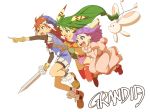  1boy 2girls :d :o blue_eyes copyright_name creature dress feena_(grandia) fingerless_gloves floating_hair friends full_body gloves grandia grandia_i green_eyes green_hair hair_ornament hat highres holding holding_sword holding_weapon index_finger_raised jumping justin_(grandia) kurishinbh long_hair low-tied_long_hair multiple_girls open_mouth outstretched_arm pink_dress purple_hair puui_(grandia) red_legwear redhead smile sue_(grandia) sword teeth thigh-highs torn_clothes torn_legwear violet_eyes weapon white_background 