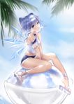  1girl absurdres alternate_costume bare_legs bare_shoulders blue_bow blue_eyes blue_hair blue_shorts blue_sky bow cirno contemporary cutoffs day detached_sleeves detached_wings food full_body hair_bow highres ice ice_wings looking_at_viewer midriff mo_ying_yu mouth_hold navel outstretched_arms palm_tree popsicle sandals see-through shaved_ice shirt short_hair short_shorts shorts sitting sky sleeveless sleeveless_shirt solo touhou tree white_footwear white_shirt wings 