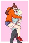  2girls alternate_costume blonde_hair blush carrying collared_shirt couple diana_cavendish eye_contact heart highres hug imminent_kiss kagari_atsuko legs little_witch_academia long_hair looking_at_another multiple_girls orange_sweater pants pink_background shirt short_shorts shorts simple_background slimegummie sweater thighs wavy_hair yuri 