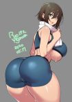  1girl 2020 agawa_ryou ass bent_over blue_eyes breasts brown_hair commentary grey_background huge_breasts lips long_hair looking_at_viewer looking_back original short_shorts shorts skindentation smile solo sweat thick_thighs thighs towel towel_around_neck 