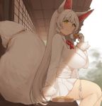  1girl animal_ears bangs blazer breasts closed_mouth day food fox_ears fox_girl fox_tail from_side fur_trim gloves holding holding_food jacket kemono_friends large_breasts light_smile long_hair long_sleeves looking_at_viewer miniskirt mogu_(kanikama_mgmg) oinari-sama_(kemono_friends) outdoors sitting skirt solo tail very_long_hair white_gloves white_hair white_skirt yellow_eyes 