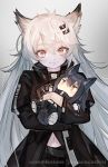  1girl alpaca_carlesi animal_ears arknights black_hair commission doll english_text fingerless_gloves gloves grey_eyes jacket lappland_(arknights) long_hair scar scar_across_eye smile texas_(arknights) white_hair wolf_ears yellow_eyes 