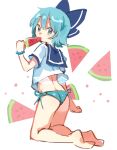  1girl bangs barefoot blue_bow blue_eyes blue_hair blue_panties blue_sailor_collar bow cirno eyebrows_visible_through_hair food full_body hair_bow ice_cream looking_back panties paragasu_(parags112) popsicle sailor_collar shirt short_hair simple_background sitting solo touhou underwear watermelon_bar white_background white_shirt 