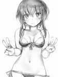  1girl bare_arms bare_shoulders bikini breasts copyright_request cowboy_shot eyebrows_visible_through_hair greyscale hands_up highres looking_at_viewer medium_breasts monochrome nanashi_(nlo74593630) navel side-tie_bikini simple_background smile solo standing swimsuit v white_background 