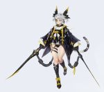  1girl absurdres cat_tail charles_(106858) clothing_request copyright_request earrings eyepatch hair_ornament highres jewelry shoes silver_hair solo sword tagme tail weapon weapon_request white_background yellow_eyes 