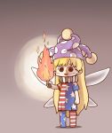  1girl :d @_@ american_flag_dress american_flag_legwear chibi clownpiece creepy_eyes hat holding_torch jester_cap looking_at_viewer open_mouth pantyhose polka_dot_hat poronegi purple_headwear short_sleeves smile solo standing torch touhou 