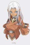  1girl achillex_mouly adapted_costume armor blue_eyes breasts dark_skin elma_(xenoblade_x) grey_background highres long_hair medium_breasts red_armor simple_background solo underbust white_hair xenoblade_chronicles_x 
