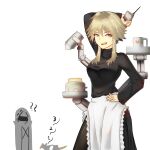  ahoge alternate_costume apron arknights black_sweater blonde_hair breasts cake coffee_mug countdown cup doctor_(arknights) enmaided food highres holding holding_phone large_breasts maid maid_apron mayer_(arknights) meeboo_(arknights) mug najashi phone sweater white_background 