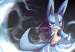  animal_ears clenched_hand closed_mouth commentary_request creature fighting_stance fur gen_4_pokemon lucario no_humans paws pokemon pokemon_(creature) red_eyes solo spikes standing syuya tail text_focus 