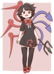  1girl :d arms_at_sides asymmetrical_wings black_dress black_hair black_legwear blush border bow bowtie dress eyebrows_visible_through_hair full_body holding houjuu_nue looking_at_viewer open_mouth pink_background pleated_dress polearm poronegi red_eyes red_footwear red_neckwear shoes short_dress short_hair short_sleeves simple_background smile solo thigh-highs touhou trident weapon white_border wings 
