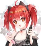  1girl animal_ears bangs blush choker extra_ears eyebrows_visible_through_hair fang hair_ornament hairclip highres mvv open_mouth original redhead short_hair short_twintails solo star star-shaped_pupils symbol-shaped_pupils toothbrush twintails upper_body vivian_(mvv) 