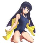  1girl barefoot black_hair blue_eyes blue_swimsuit full_body kneeling long_hair looking_at_viewer original school_swimsuit simple_background solo squatting swimsuit tshangen131 white_background yellow_towel 