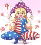  1girl ? american_flag_dress american_flag_legwear blonde_hair blush clownpiece double_v fairy_wings full_body gradient gradient_background hat jester_cap long_hair looking_at_viewer neck_ruff open_mouth pantyhose pink_background polka_dot purple_headwear red_eyes rizento short_sleeves smile solo spoken_question_mark squatting star star_print striped touhou v white_background wings 