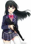  1girl black_hair black_jacket blazer blue_eyes blush bow bowtie commentary_request cowboy_shot eyebrows_visible_through_hair floating_hair gun hair_ornament hairclip holding holding_gun holding_weapon jacket long_hair long_sleeves looking_at_viewer miniskirt nijisanji open_mouth pink_bow pink_neckwear pleated_skirt skirt smile solo standing submachine_gun tarachine thigh-highs tsukino_mito twitter_username virtual_youtuber weapon white_legwear wing_collar 