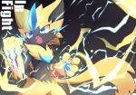  animal_ears blue_eyes cat_ears claws commentary_request electricity fangs furry gen_7_pokemon mythical_pokemon no_humans open_mouth pawpads paws pokemon pokemon_(creature) solo standing syuya tail teeth whiskers zeraora 