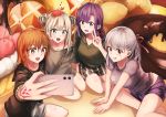  4girls absurdres ahoge bangs black_shirt blue_eyes blush breasts cellphone command_spell contemporary crab_on_head double_bun fate/grand_order fate_(series) floral_print fujimaru_ritsuka_(female) grey_shirt grey_shorts hair_between_eyes hair_ribbon highres kama_(fate/grand_order) large_breasts long_hair marie_antoinette_(fate/grand_order) marie_antoinette_(swimsuit_caster)_(fate) matou_sakura medium_breasts multiple_girls one_side_up open_mouth orange_eyes orange_hair parvati_(fate/grand_order) phone purple_hair purple_shirt purple_shorts red_eyes ribbon self_shot sh22 shirt short_hair short_shorts shorts sidelocks silver_hair smile striped striped_shorts thighs violet_eyes 