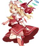  1girl blonde_hair bloomers blush bow eyebrows_visible_through_hair flandre_scarlet hat hat_bow long_hair mob_cap open_mouth paragasu_(parags112) puffy_short_sleeves puffy_sleeves red_eyes red_footwear red_shirt red_skirt shirt shoes short_sleeves simple_background skirt skirt_set smile socks solo touhou underwear white_background white_legwear wings 