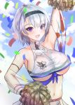  1girl :d aaabbbccccc arm_strap arm_up armpits azur_lane bangs bare_shoulders beltbra black_hairband blue_sky blush breasts cheerleader clouds commentary_request confetti crop_top crop_top_overhang eagle_union_(emblem) eyebrows_visible_through_hair grey_hair hair_between_eyes hairband heavy_breathing highres holding_pom_poms large_breasts looking_at_viewer midriff miniskirt navel open_mouth parted_hair pom_poms purple_sash reno_(azur_lane) reno_(biggest_little_cheerleader)_(azur_lane) sash see-through see-through_skirt see-through_sleeves sheer_clothes shirt short_hair sidelocks skirt sky sleeveless smile solo standing sweat under_boob upper_body upper_teeth violet_eyes wet wet_clothes 
