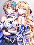  2girls armlet armor armored_dress bare_shoulders bianka_durandal_ataegina bianka_durandal_ataegina_(bright_knight:_excelsis) blonde_hair blue_eyes blush breastplate breasts brown_hair commentary_request detached_collar earrings fukase_ayaka gloves hair_ornament hair_over_one_eye honkai_(series) honkai_impact_3rd hug jewelry large_breasts long_hair looking_at_viewer multiple_girls open_mouth rita_rossweisse rita_rossweisse_(artemis) short_hair smile very_long_hair violet_eyes 