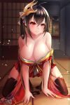  1girl absurdres azur_lane black_hair breasts choker hair_between_eyes highres huge_breasts japanese_clothes kimono large_breasts lillly long_hair mask mask_on_head off-shoulder_kimono red_choker red_eyes red_kimono taihou_(azur_lane) 
