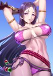 1girl absurdres arm_guards armor arms_behind_head arms_up bangs belt bikini blue_background breasts choker collarbone commentary_request fate/grand_order fate_(series) gradient gradient_background highres large_breasts lips looking_at_viewer minamoto_no_raikou_(fate/grand_order) minamoto_no_raikou_(swimsuit_lancer)_(fate) navel parted_bangs parted_lips purple_bikini purple_hair saruchitan shiny shiny_clothes shiny_hair shiny_skin solo stomach swimsuit thighs violet_eyes