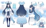  1girl absurdres blue_eyes blue_hair blue_legwear book character_sheet chon_(chon33v) copyright_name eyebrows_visible_through_hair full_body hat highres holding holding_book hololive hololive_china long_hair monocle official_art rosalyn_(hololive) shoes symbol-shaped_pupils thigh-highs virtual_youtuber 