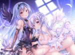  2girls :o angel_wings aoba_chise aoba_project aoba_rena arm_support arm_warmers ass bare_shoulders black_panties black_ribbon blue_hair breasts covered_navel dress feathered_wings feathers hair_ribbon highres large_breasts lavender_hair long_hair looking_at_viewer multiple_girls panties parted_lips purple_dress red_eyes ribbon sakura_moyon sitting sleeveless sleeveless_dress small_breasts smile twintails underwear very_long_hair violet_eyes white_dress white_ribbon wings 