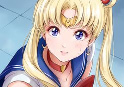  1girl bangs bishoujo_senshi_sailor_moon blonde_hair blue_eyes blue_sailor_collar bow choker crescent crescent_earrings derivative_work earrings hair_ornament heart heart_choker highres jewelry long_hair looking_at_viewer mizuki_hana parted_bangs parted_lips red_bow red_choker sailor_collar sailor_moon sailor_moon_redraw_challenge school_uniform screencap_redraw solo tiara tsukino_usagi twintails upper_body 