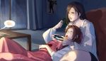  1boy 2girls aerith_gainsborough alternate_universe angerykacchan black_hair brown_hair cameo cloud_strife feeding final_fantasy final_fantasy_vii final_fantasy_vii_remake food highres lap_pillow living_room multiple_girls out_of_frame playing_games playstation_controller pocky speech_bubble tifa_lockhart twitter_username yuri 