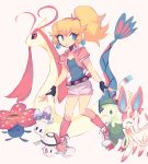  ._. 1girl :d ^_^ blonde_hair breasts breloom charamells closed_eyes closed_mouth commentary english_commentary foongus gen_1_pokemon gen_3_pokemon gen_5_pokemon gen_6_pokemon gen_7_pokemon long_hair super_mario_bros. milotic morelull open_mouth poke_ball poke_ball_(generic) pokemon ponytail princess_peach shoelaces simple_background small_breasts smile sylveon tied_hair vileplume walking white_background 
