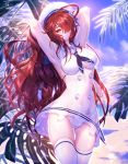  1girl armpits arms_behind_head arms_up ass_visible_through_thighs beach been blue_neckwear blue_sky breasts brown_eyes brown_hair day dress elesis_(elsword) elsword floating_hair grin hair_over_one_eye hat head_tilt large_breasts long_hair looking_at_viewer neckerchief outdoors panties sailor_collar sailor_dress see-through shiny shiny_hair shiny_legwear short_dress sky sleeveless sleeveless_dress smile solo standing thigh-highs thigh_gap underwear very_long_hair white_dress white_headwear white_legwear white_panties white_sailor_collar 