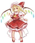  1girl blonde_hair boots bow bowtie eyebrows_visible_through_hair flandre_scarlet frilled_skirt frills hair_between_eyes hat hat_bow looking_at_viewer mob_cap paragasu_(parags112) puffy_short_sleeves puffy_sleeves red_bow red_eyes red_footwear red_shirt red_skirt shirt short_sleeves side_ponytail simple_background skirt skirt_set smile solo standing touhou white_background wings 