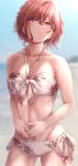  1girl absurdres bangs beach bikini blurry blurry_background breasts brown_hair collarbone cowboy_shot eyebrows_visible_through_hair floral_print front-tie_bikini front-tie_top hair_between_eyes halter_top halterneck highres higuchi_madoka idolmaster idolmaster_shiny_colors looking_at_viewer mole mole_under_eye navel short_hair side-tie_bikini small_breasts solo swimsuit tonguewasabi violet_eyes wet wet_hair white_bikini 