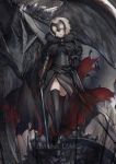  1girl armor armored_dress black_cape black_dress black_legwear cape character_name dragon dress fate/grand_order fate_(series) faulds floating_hair fur-trimmed_cape fur_trim gauntlets headpiece highres holding holding_sword holding_weapon jeanne_d&#039;arc_(alter)_(fate) jeanne_d&#039;arc_(fate)_(all) looking_at_viewer marumoru open_mouth sheath short_hair side_slit silver_hair solo standing sword thigh-highs torn_cape torn_clothes weapon yellow_eyes 