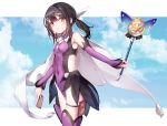  1girl :o bangs bare_shoulders bbci black_hair blush breasts brown_eyes cape clouds commentary_request eyebrows_visible_through_hair fate/kaleid_liner_prisma_illya fate_(series) hair_between_eyes hair_ornament hair_ribbon hairclip highres holding long_hair looking_at_viewer miyu_edelfelt open_mouth ribbon small_breasts solo staff thigh-highs twintails white_cape white_ribbon x_hair_ornament 