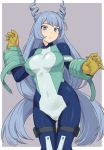  1girl bangs blue_bodysuit blue_eyes blush bodysuit boku_no_hero_academia breasts drill_hair gloves hadou_nejire large_breasts light_blue_hair long_hair looking_at_viewer open_mouth shiseki_hirame skin_tight thigh_strap thighs very_long_hair white_gloves 