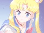  1girl artist_name bangs bishoujo_senshi_sailor_moon blonde_hair blue_background blue_eyes blue_sailor_collar blush choker circlet collarbone crescent crescent_earrings derivative_work earrings from_side glint hair_bobbles hair_ornament heart heart_choker jewelry parted_bangs parted_lips r3dfive red_choker sailor_collar sailor_moon screencap_redraw shirt short_sleeves solo tsukino_usagi twintails upper_body white_shirt 