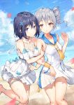  2girls arm_hug bare_shoulders beach blue_bow blue_eyes blue_hair blue_sailor_collar blue_sky blush bow bronya_zaychik brown_eyes clouds commentary_request day dress drill_hair frilled_dress frills grey_hair halterneck highres honkai_(series) honkai_impact_3rd kyaroru leg_up light_particles long_hair multiple_girls neckerchief ocean outdoors ribbon sailor_collar seele_vollerei short_dress sidelocks sky sleeveless sleeveless_dress smile sundress thigh_ribbon twin_drills white_dress white_footwear wristband yellow_neckwear 