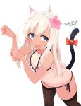  1girl alakoala animal_ear_fluff animal_ears ass bangs bare_arms bare_shoulders bikini black_legwear blue_eyes blush bow breasts brown_legwear cat_ears cat_girl cat_tail eyebrows_visible_through_hair fang flower hair_between_eyes hair_flower hair_ornament highres kantai_collection kemonomimi_mode long_hair looking_at_viewer one-piece_tan open_mouth paw_pose ribbon ro-500_(kantai_collection) side-tie_bikini simple_background small_breasts smile solo swimsuit tail tail_bow tail_raised tan tanline thigh-highs 