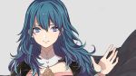  1girl black_cloak blue_eyes blue_hair byleth_(fire_emblem) byleth_eisner_(female) cloak closed_mouth commentary detached_collar eyelashes fire_emblem fire_emblem:_three_houses grey_background hair_between_eyes lips long_hair looking_at_viewer palms roroichi simple_background smile solo upper_body 