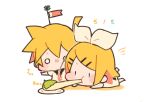  /\/\/\ 1boy 1girl baby bangs black_collar blonde_hair blush_stickers bow chibi children&#039;s_day collar commentary dated eating hair_bow hair_ornament hairclip kagamine_len kagamine_rin kitsune_no_ko koinobori lying mochi on_stomach outstretched_arms plate sailor_collar shirt short_hair short_ponytail short_sleeves solid_circle_eyes spiky_hair swept_bangs twitter_username vocaloid white_background white_bow white_shirt younger 
