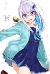  1girl :d animal bangs bespectacled bird blue_cardigan blue_hair blue_neckwear blue_ribbon blue_serafuku blue_shirt blue_skirt blush cardigan collared_shirt commentary_request cropped_legs dated duck eyebrows_visible_through_hair formal glasses grey_jacket hair_ornament highres jacket leg_up lize_helesta long_hair long_sleeves looking_at_viewer multicolored_hair neck_ribbon necktie nijisanji open_cardigan open_clothes open_mouth petals pleated_skirt ponytail ribbon sailor_collar school_uniform sebastian_piyodore serafuku shirt sidelocks signature simple_background skirt sleeves_past_wrists smile suit tarachine two-tone_hair very_long_hair violet_eyes virtual_youtuber white_background white_hair white_sailor_collar 