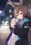  1girl :o amiya_(arknights) animal_ear_fluff animal_ears antenna_hair arknights ascot backlighting bangs black_coat blue_eyes blurry blurry_background blush brown_hair building bunny_girl city coat commentary depth_of_field highres holding hood hood_down hooded_coat jewelry lens_flare long_hair long_sleeves looking_at_viewer night open_clothes open_coat open_mouth outdoors ponytail purple_neckwear rabbit_ears ramen ring shirt sidelocks solo steam t-bth white_shirt 